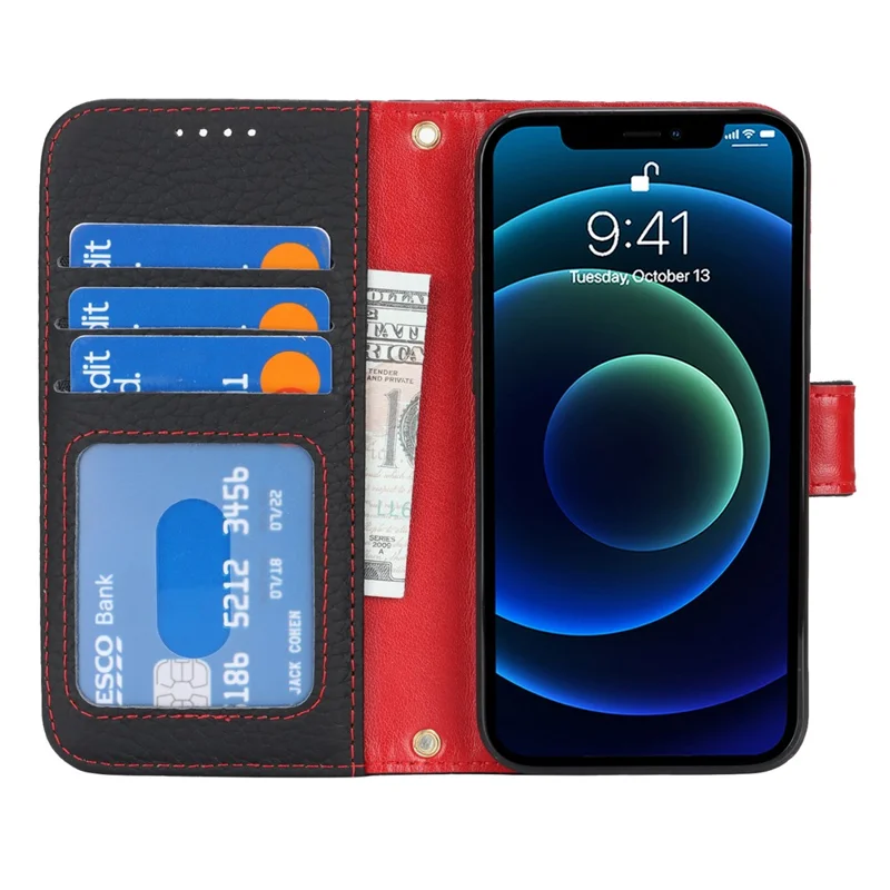 For iPhone 13 mini Stand Case Litchi Texture Genuine Cow Leather Wallet Phone Cover RFID Blocking - Black / Red