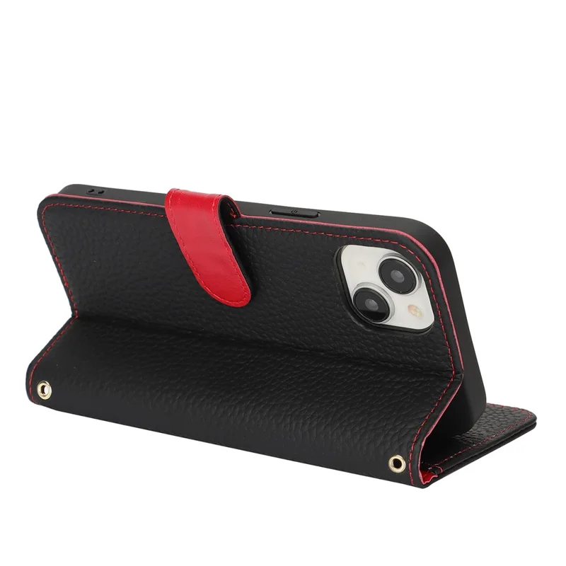 For iPhone 13 mini Stand Case Litchi Texture Genuine Cow Leather Wallet Phone Cover RFID Blocking - Black / Red