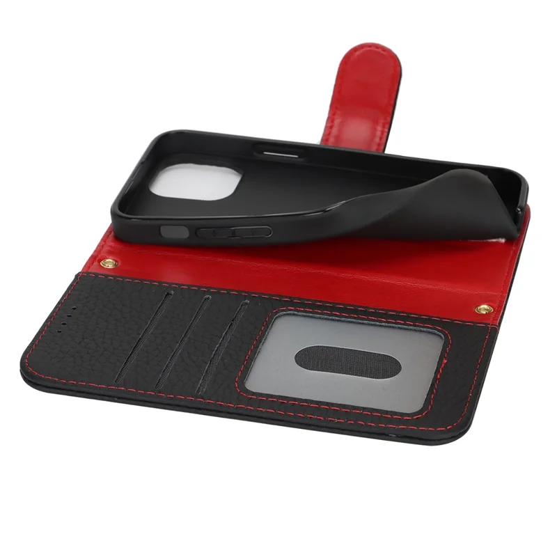 For iPhone 13 mini Stand Case Litchi Texture Genuine Cow Leather Wallet Phone Cover RFID Blocking - Black / Red