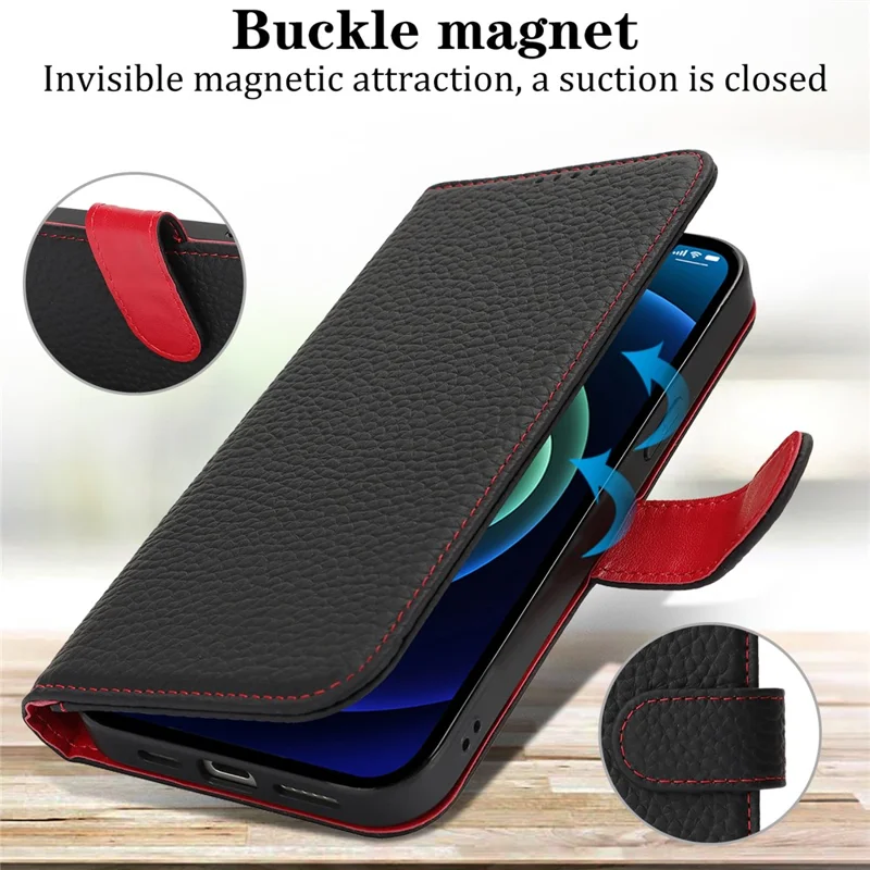 For iPhone 13 mini Stand Case Litchi Texture Genuine Cow Leather Wallet Phone Cover RFID Blocking - Black / Red