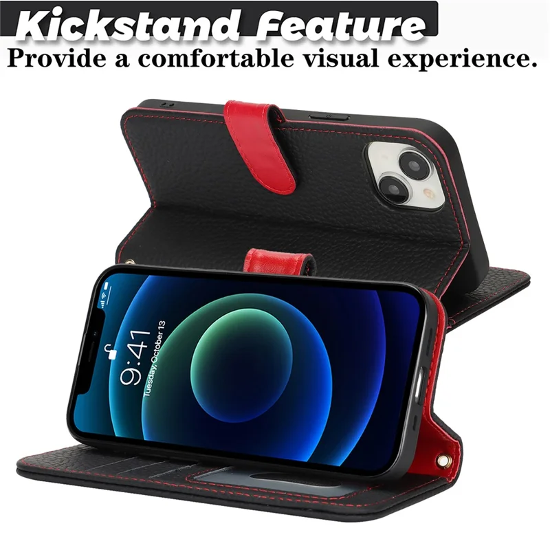 For iPhone 13 mini Stand Case Litchi Texture Genuine Cow Leather Wallet Phone Cover RFID Blocking - Black / Red