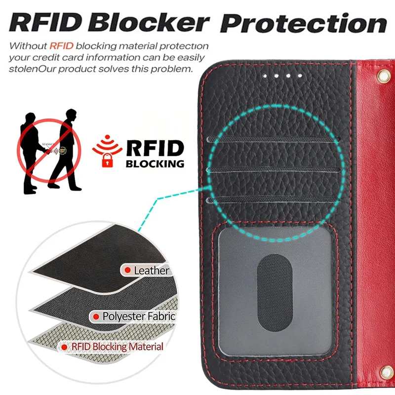 For iPhone 13 mini Stand Case Litchi Texture Genuine Cow Leather Wallet Phone Cover RFID Blocking - Black / Red