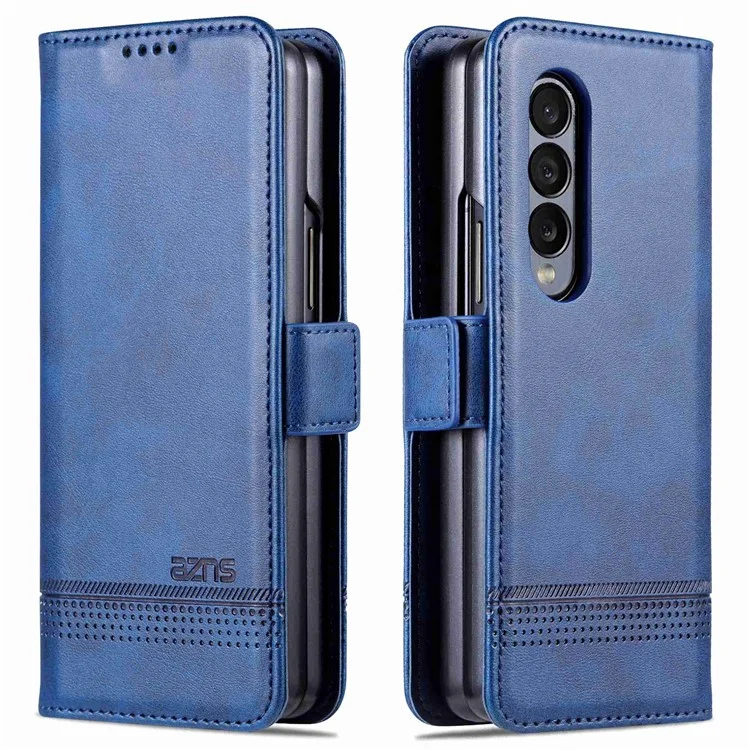 AZNS For Samsung Galaxy Z Fold4 5G Cowhide Texture PU Leather Wallet Cover Dual Magnetic Clasp Phone Case - Blue