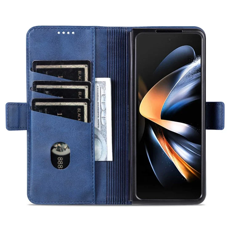 AZNS For Samsung Galaxy Z Fold4 5G Cowhide Texture PU Leather Wallet Cover Dual Magnetic Clasp Phone Case - Blue