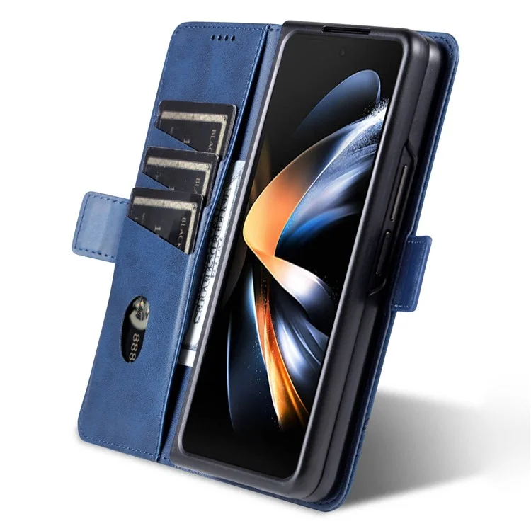 AZNS For Samsung Galaxy Z Fold4 5G Cowhide Texture PU Leather Wallet Cover Dual Magnetic Clasp Phone Case - Blue