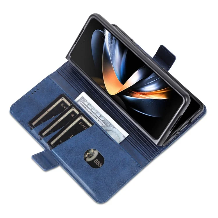 AZNS For Samsung Galaxy Z Fold4 5G Cowhide Texture PU Leather Wallet Cover Dual Magnetic Clasp Phone Case - Blue
