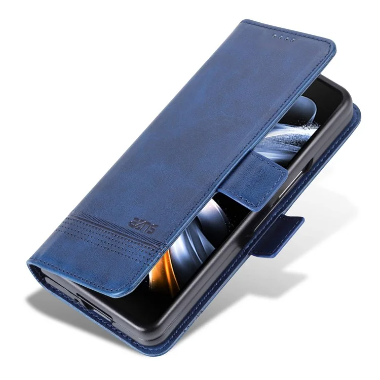 AZNS For Samsung Galaxy Z Fold4 5G Cowhide Texture PU Leather Wallet Cover Dual Magnetic Clasp Phone Case - Blue