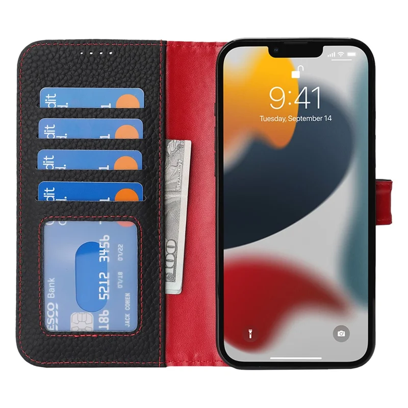 For iPhone 13 Pro Stand Case Litchi Texture Genuine Cow Leather Wallet Phone Cover RFID Blocking - Black / Red