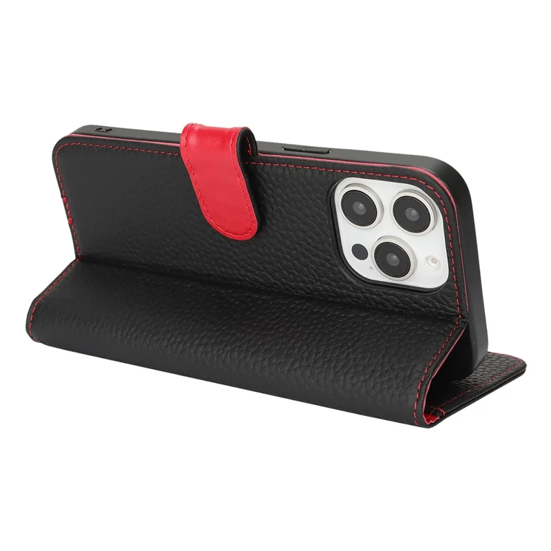 For iPhone 13 Pro Stand Case Litchi Texture Genuine Cow Leather Wallet Phone Cover RFID Blocking - Black / Red