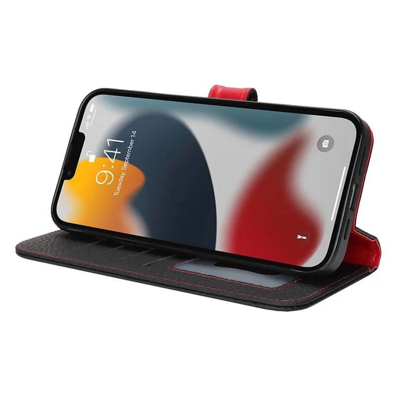 For iPhone 13 Pro Stand Case Litchi Texture Genuine Cow Leather Wallet Phone Cover RFID Blocking - Black / Red