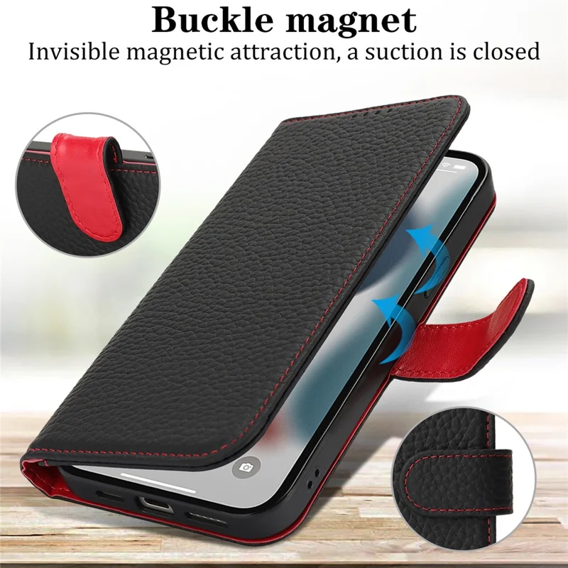 For iPhone 13 Pro Stand Case Litchi Texture Genuine Cow Leather Wallet Phone Cover RFID Blocking - Black / Red