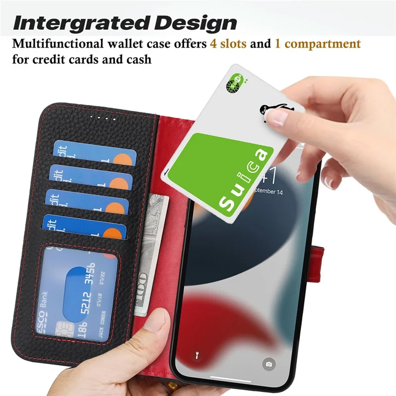 For iPhone 13 Pro Stand Case Litchi Texture Genuine Cow Leather Wallet Phone Cover RFID Blocking - Black / Red
