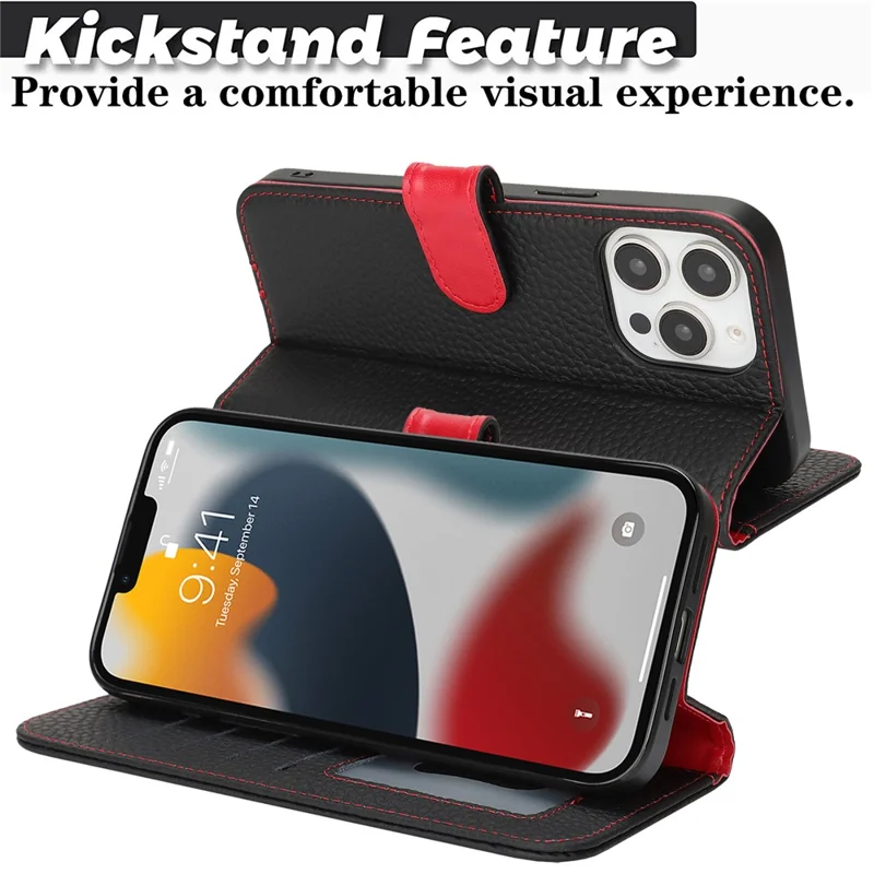 For iPhone 13 Pro Stand Case Litchi Texture Genuine Cow Leather Wallet Phone Cover RFID Blocking - Black / Red