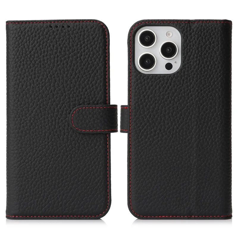 For iPhone 16 Pro Stand Case Litchi Texture Genuine Cow Leather Wallet Phone Cover RFID Blocking - Black / Red