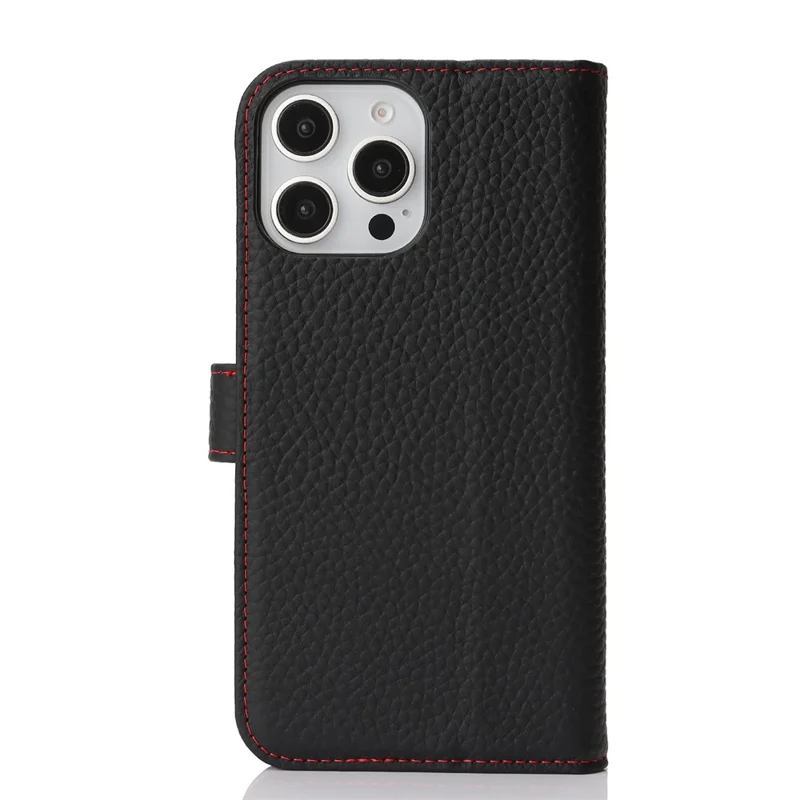 For iPhone 16 Pro Stand Case Litchi Texture Genuine Cow Leather Wallet Phone Cover RFID Blocking - Black / Red