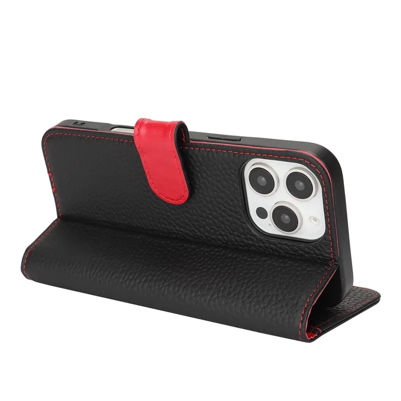 For iPhone 16 Pro Stand Case Litchi Texture Genuine Cow Leather Wallet Phone Cover RFID Blocking - Black / Red