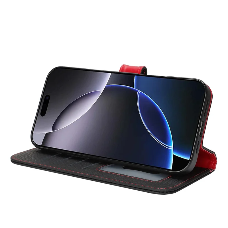 For iPhone 16 Pro Stand Case Litchi Texture Genuine Cow Leather Wallet Phone Cover RFID Blocking - Black / Red