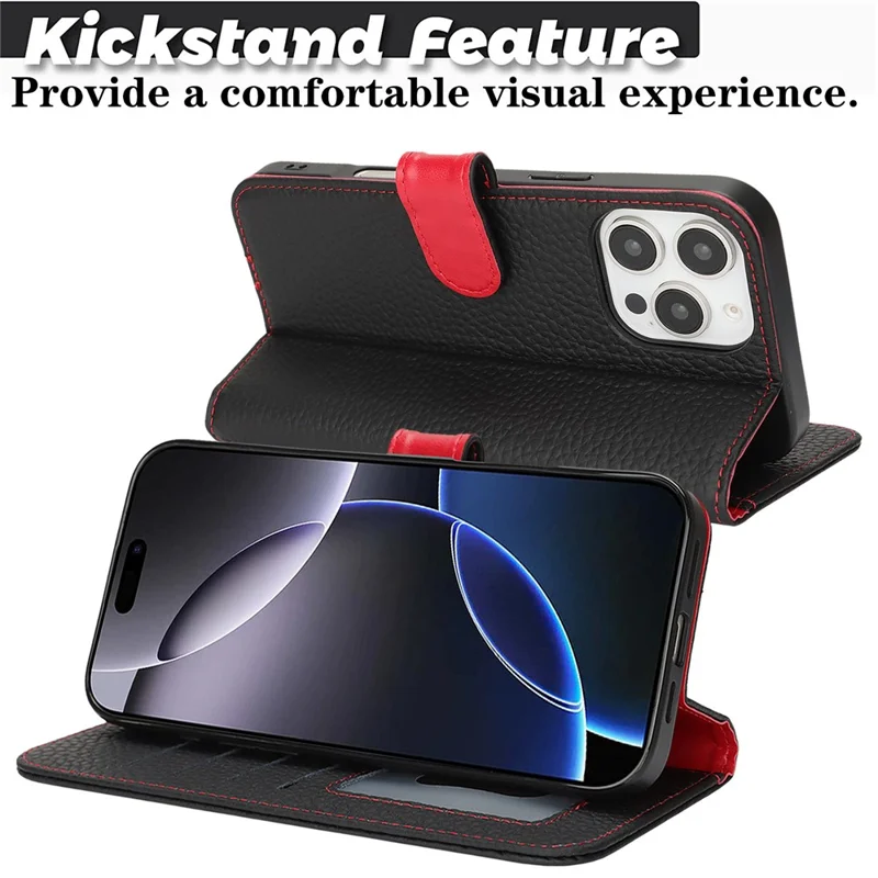 For iPhone 16 Pro Stand Case Litchi Texture Genuine Cow Leather Wallet Phone Cover RFID Blocking - Black / Red