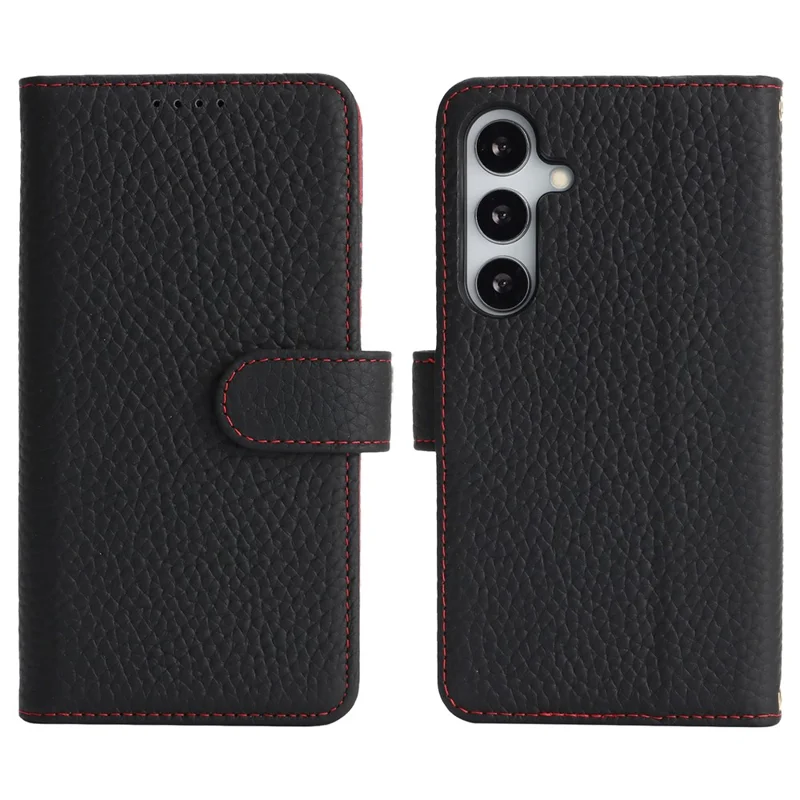 For Samsung Galaxy S25 Stand Case Litchi Texture Genuine Cow Leather Wallet Phone Cover RFID Blocking -  Black / Red