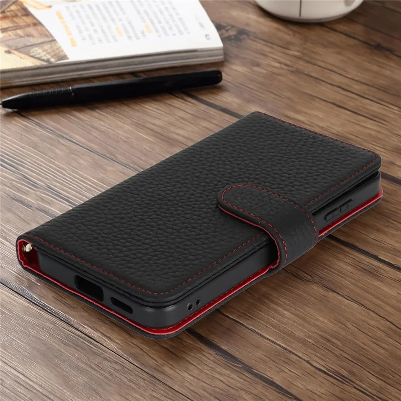 For Samsung Galaxy S25 Stand Case Litchi Texture Genuine Cow Leather Wallet Phone Cover RFID Blocking -  Black / Red