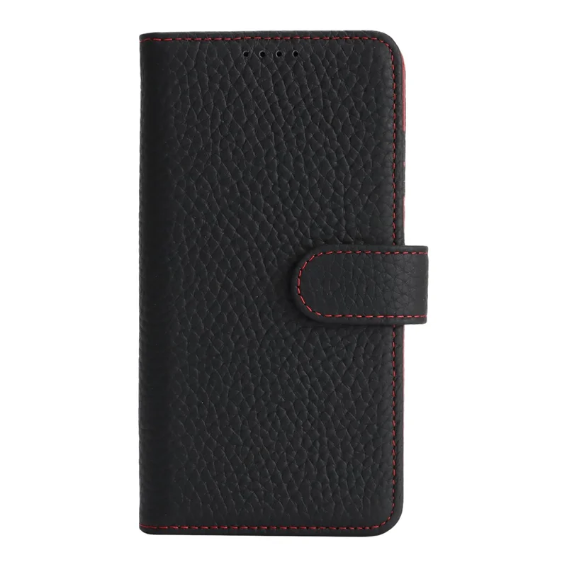 For Samsung Galaxy S25 Stand Case Litchi Texture Genuine Cow Leather Wallet Phone Cover RFID Blocking -  Black / Red
