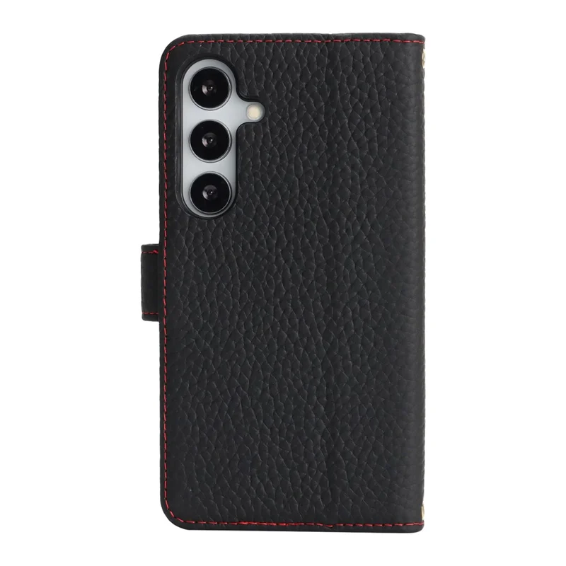 For Samsung Galaxy S25 Stand Case Litchi Texture Genuine Cow Leather Wallet Phone Cover RFID Blocking -  Black / Red
