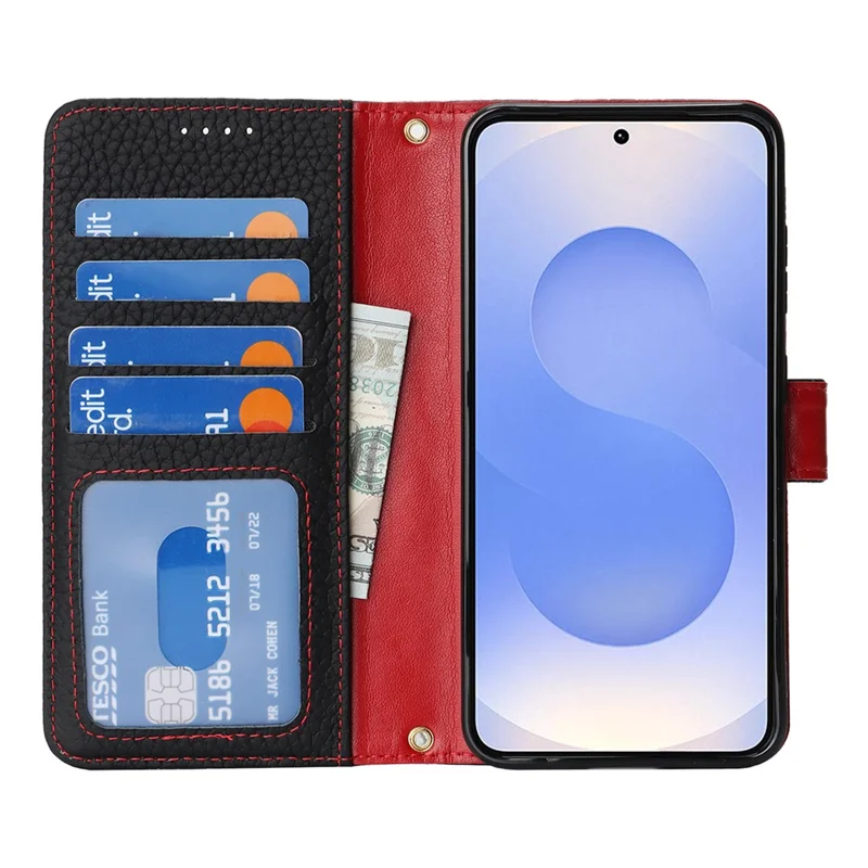 For Samsung Galaxy S25 Stand Case Litchi Texture Genuine Cow Leather Wallet Phone Cover RFID Blocking -  Black / Red