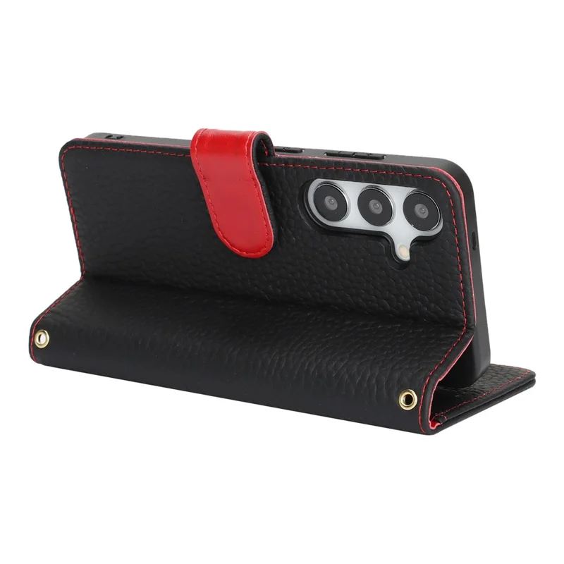 For Samsung Galaxy S25 Stand Case Litchi Texture Genuine Cow Leather Wallet Phone Cover RFID Blocking -  Black / Red