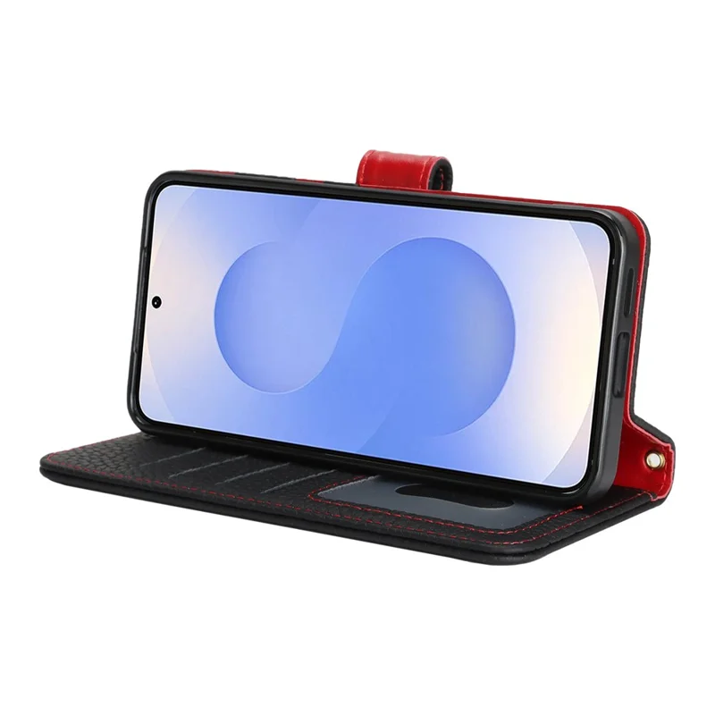 For Samsung Galaxy S25 Stand Case Litchi Texture Genuine Cow Leather Wallet Phone Cover RFID Blocking -  Black / Red