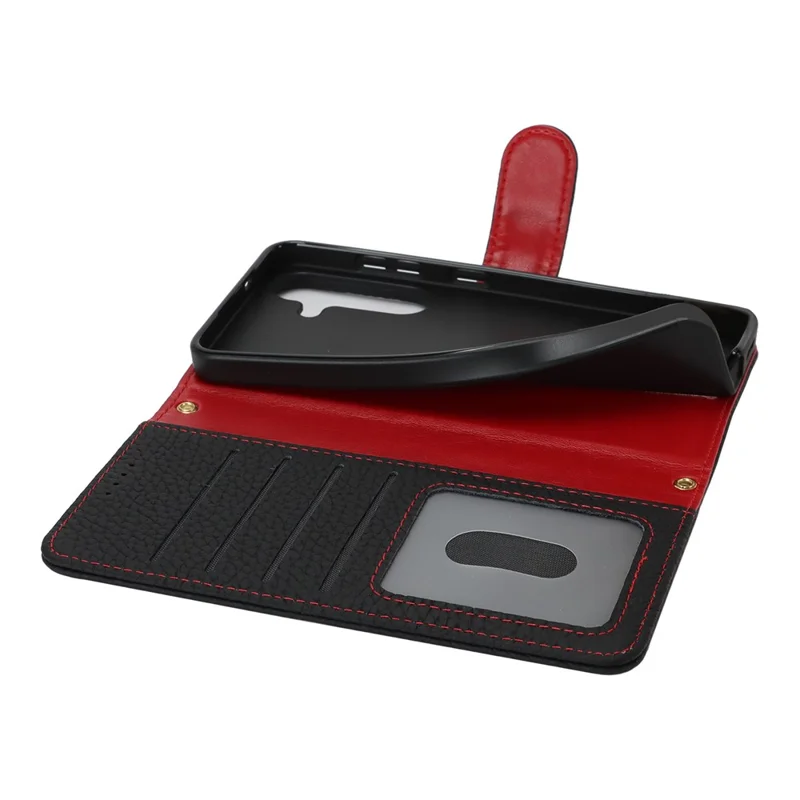 For Samsung Galaxy S25 Stand Case Litchi Texture Genuine Cow Leather Wallet Phone Cover RFID Blocking -  Black / Red