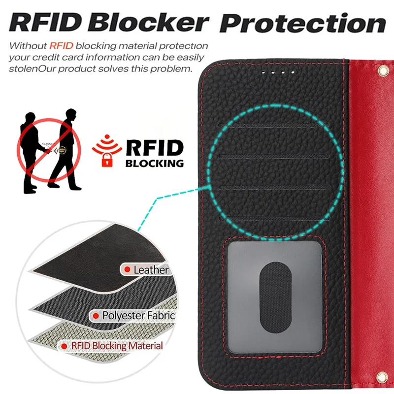 For Samsung Galaxy S25 Stand Case Litchi Texture Genuine Cow Leather Wallet Phone Cover RFID Blocking -  Black / Red