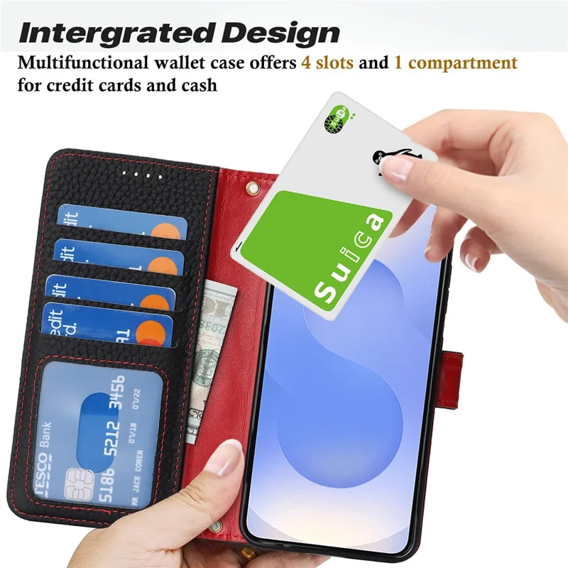 For Samsung Galaxy S25 Stand Case Litchi Texture Genuine Cow Leather Wallet Phone Cover RFID Blocking -  Black / Red