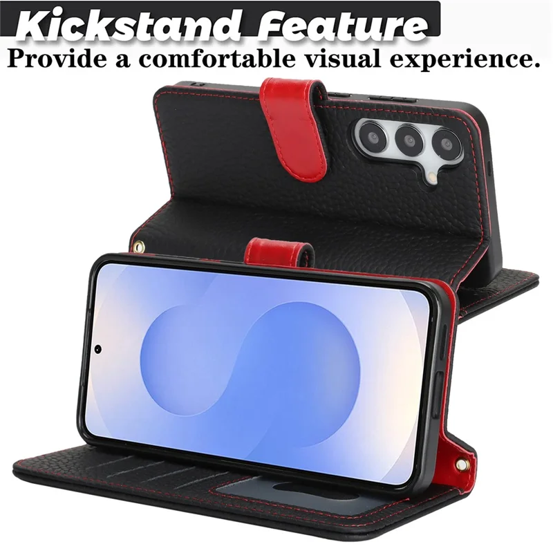 For Samsung Galaxy S25 Stand Case Litchi Texture Genuine Cow Leather Wallet Phone Cover RFID Blocking -  Black / Red