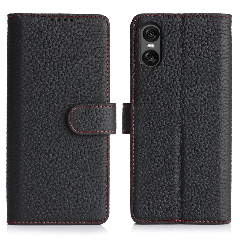 For Sony Xperia 10 VI Stand Case Litchi Texture Genuine Cow Leather Wallet Phone Cover RFID Blocking - Black / Red