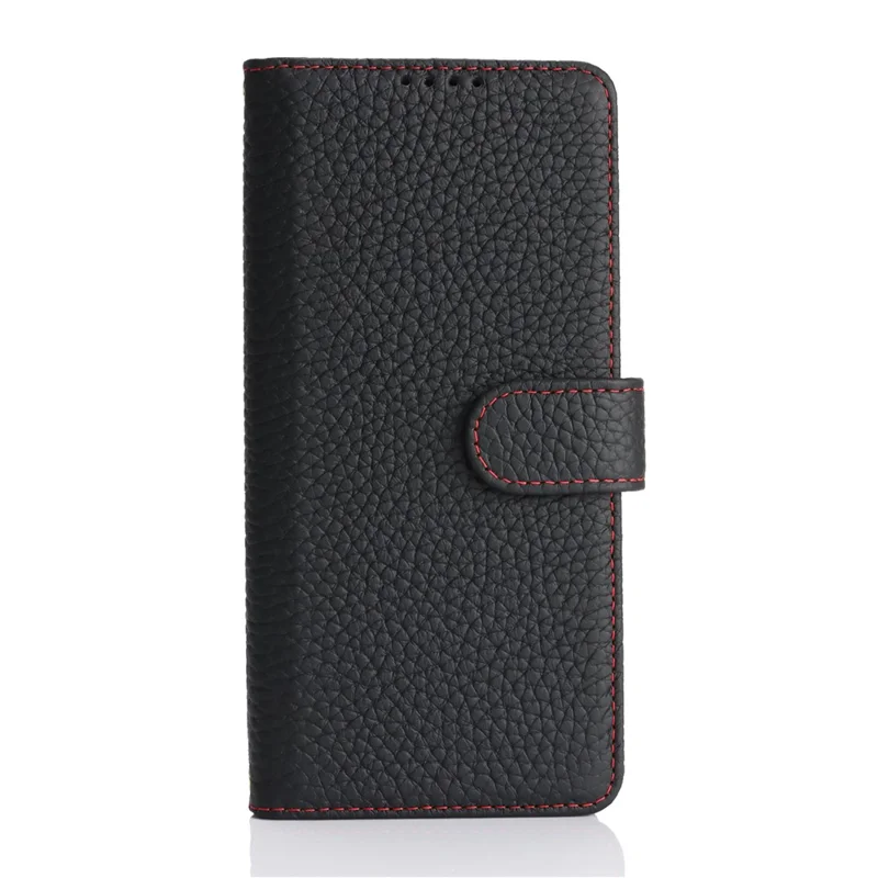 For Sony Xperia 10 VI Stand Case Litchi Texture Genuine Cow Leather Wallet Phone Cover RFID Blocking - Black / Red