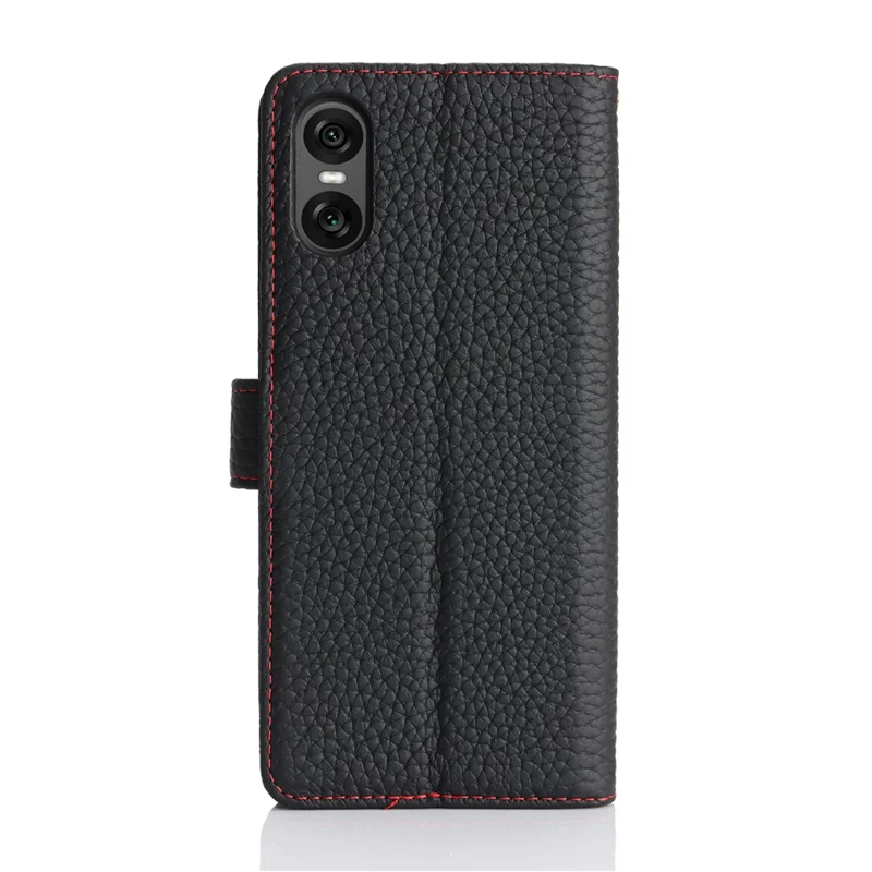 For Sony Xperia 10 VI Stand Case Litchi Texture Genuine Cow Leather Wallet Phone Cover RFID Blocking - Black / Red
