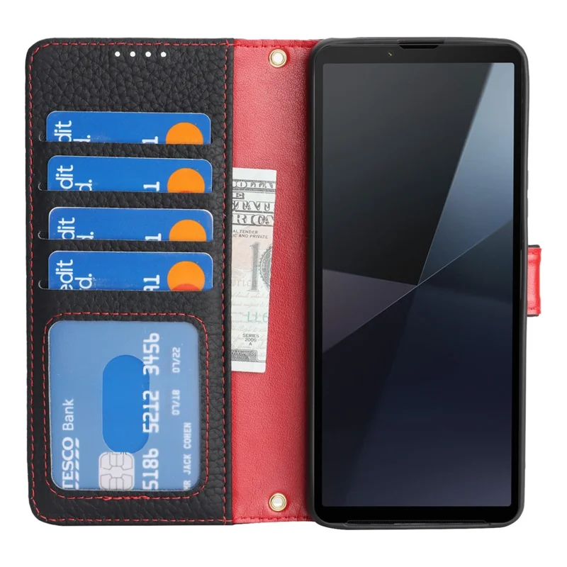 For Sony Xperia 10 VI Stand Case Litchi Texture Genuine Cow Leather Wallet Phone Cover RFID Blocking - Black / Red