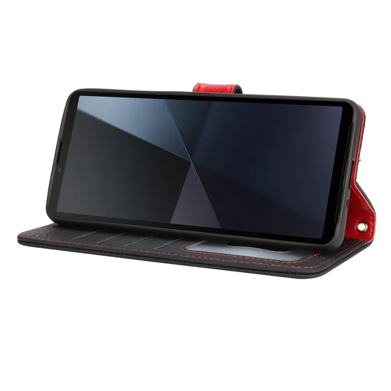 For Sony Xperia 10 VI Stand Case Litchi Texture Genuine Cow Leather Wallet Phone Cover RFID Blocking - Black / Red