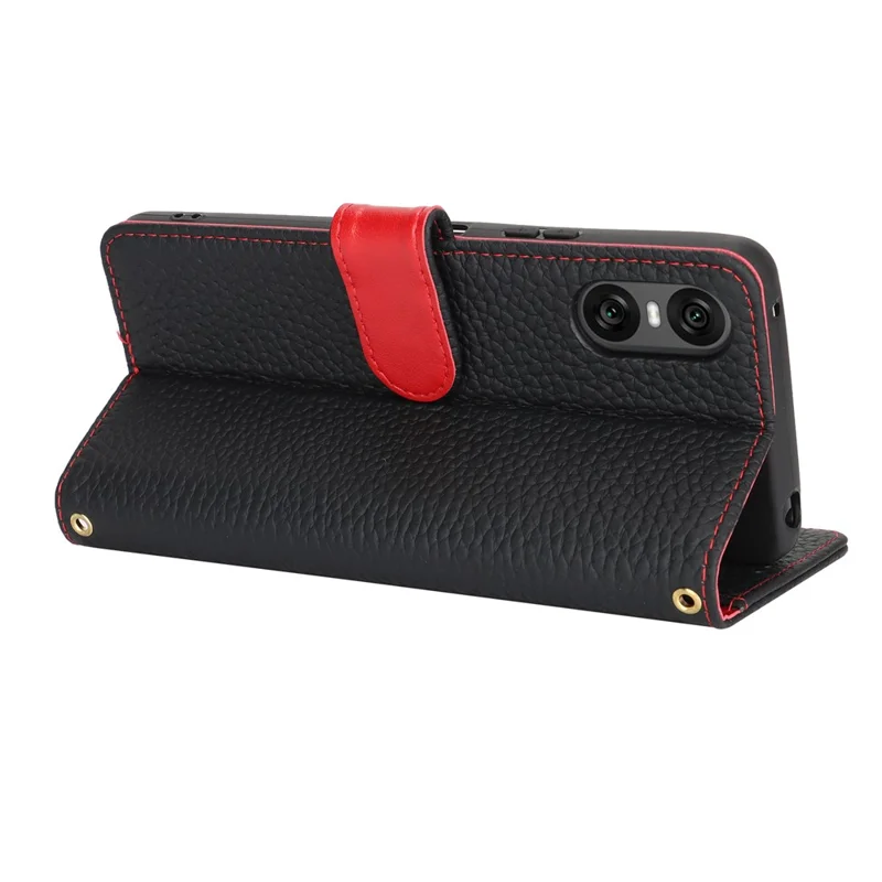For Sony Xperia 10 VI Stand Case Litchi Texture Genuine Cow Leather Wallet Phone Cover RFID Blocking - Black / Red
