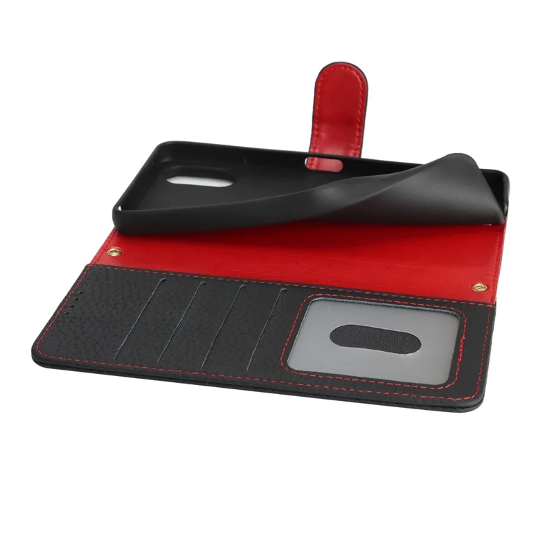 For Sony Xperia 10 VI Stand Case Litchi Texture Genuine Cow Leather Wallet Phone Cover RFID Blocking - Black / Red