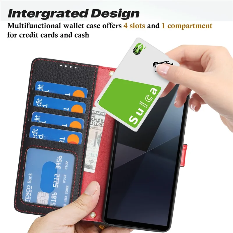 For Sony Xperia 10 VI Stand Case Litchi Texture Genuine Cow Leather Wallet Phone Cover RFID Blocking - Black / Red