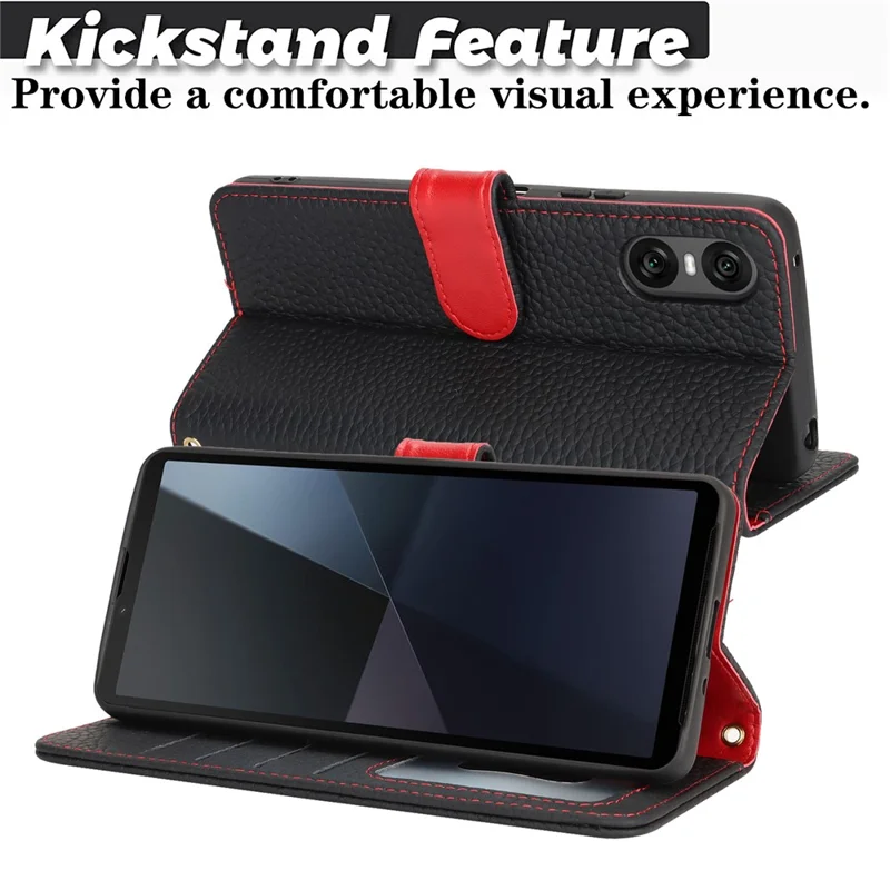 For Sony Xperia 10 VI Stand Case Litchi Texture Genuine Cow Leather Wallet Phone Cover RFID Blocking - Black / Red