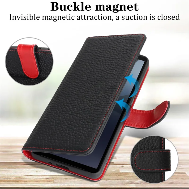 For Sony Xperia 10 VI Stand Case Litchi Texture Genuine Cow Leather Wallet Phone Cover RFID Blocking - Black / Red