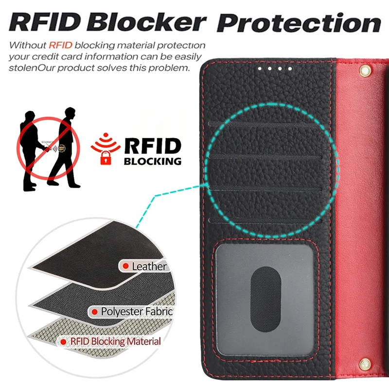 For Sony Xperia 10 VI Stand Case Litchi Texture Genuine Cow Leather Wallet Phone Cover RFID Blocking - Black / Red