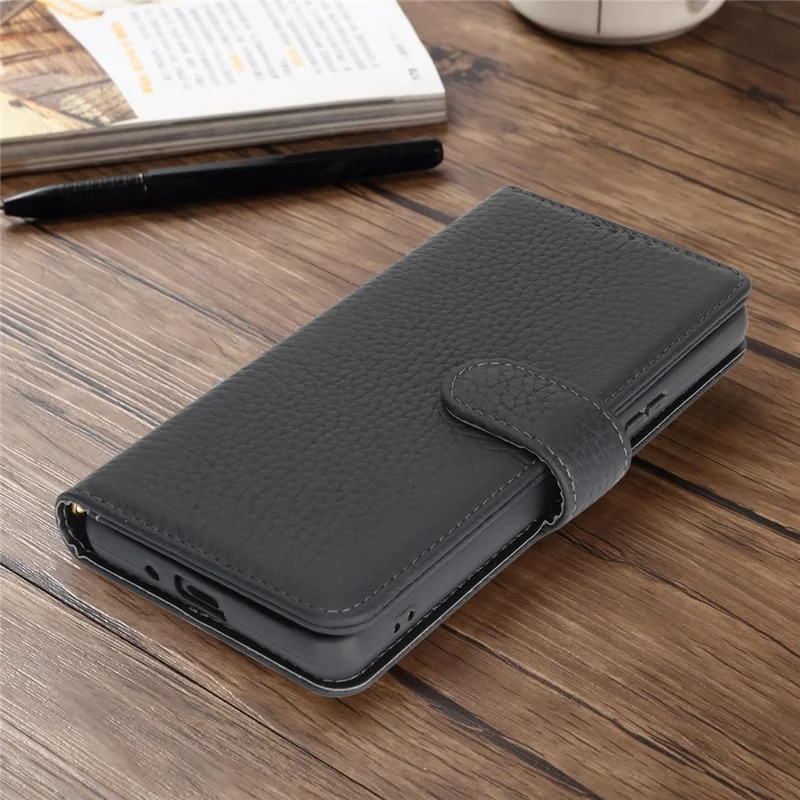 For Sony Xperia 10 VI Stand Case Litchi Texture Genuine Cow Leather Wallet Phone Cover RFID Blocking - Black