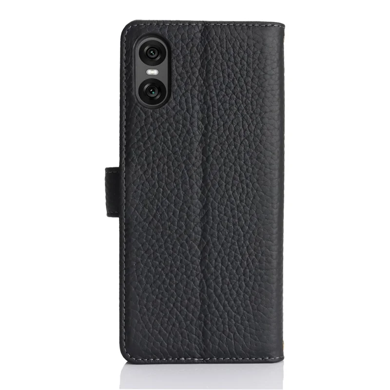 For Sony Xperia 10 VI Stand Case Litchi Texture Genuine Cow Leather Wallet Phone Cover RFID Blocking - Black