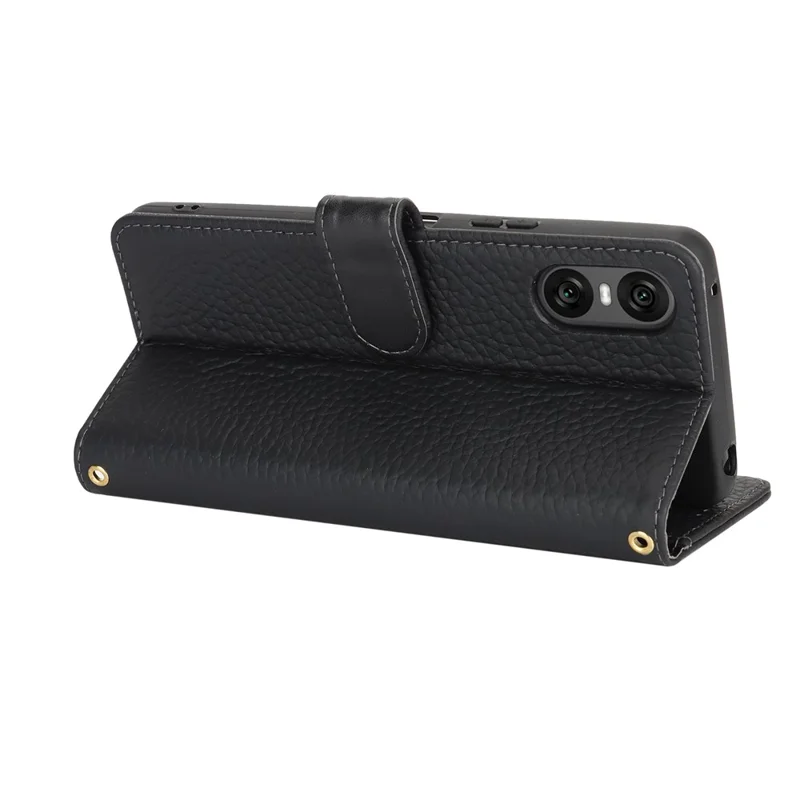 For Sony Xperia 10 VI Stand Case Litchi Texture Genuine Cow Leather Wallet Phone Cover RFID Blocking - Black