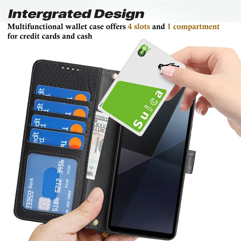 For Sony Xperia 10 VI Stand Case Litchi Texture Genuine Cow Leather Wallet Phone Cover RFID Blocking - Black