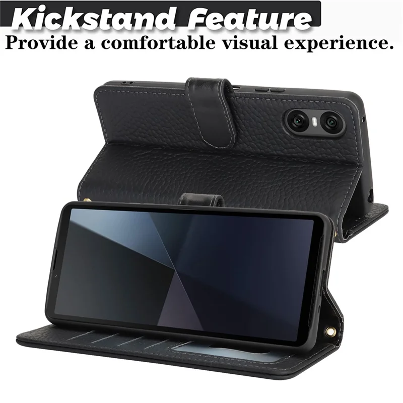 For Sony Xperia 10 VI Stand Case Litchi Texture Genuine Cow Leather Wallet Phone Cover RFID Blocking - Black