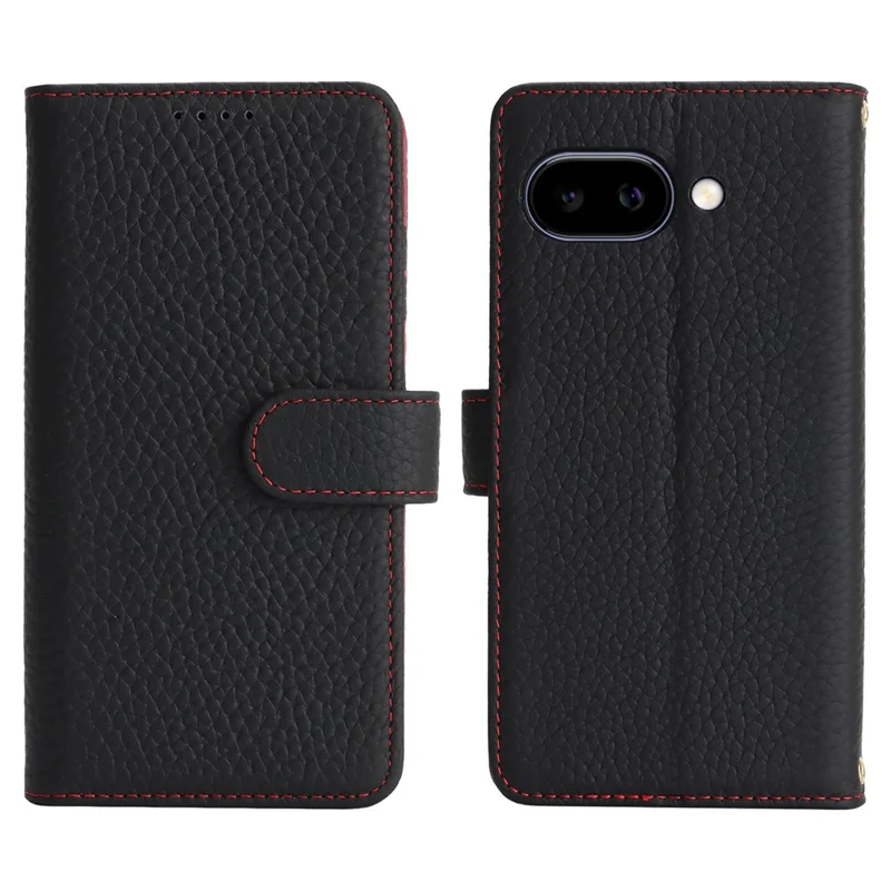 For Google Pixel 9a Stand Case Litchi Texture Genuine Cow Leather Wallet Phone Cover RFID Blocking - Black / Red